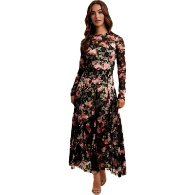 Knit & Lounge Knit And Lounge Long Sleeve Floral Lace Maxi Dress With Sheer Illusion Details In Multi
