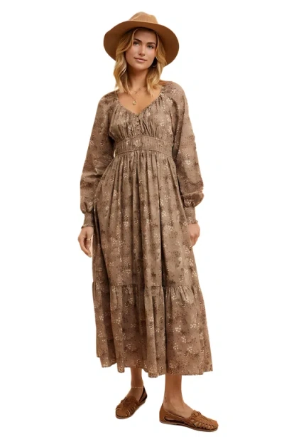 Knit & Lounge Knit And Lounge Long Sleeve Floral Print Ruffle Tiered Midi Dress With Empire Waist In Brown
