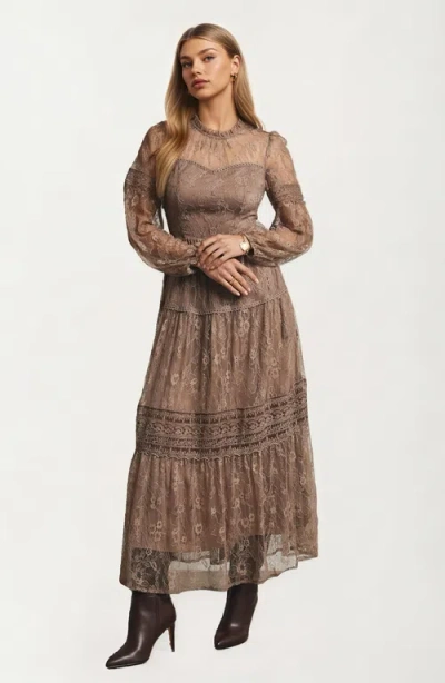 Knit & Lounge Knit And Lounge Long Sleeve Lace Maxi Dress With Tiered Skirt In Brown