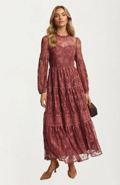 Knit & Lounge Knit And Lounge Long Sleeve Lace Tiered Maxi Dress In Burgundy