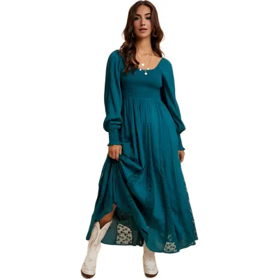 Knit & Lounge Knit And Lounge Long Sleeve Maxi Dress With Smocked Bodice And Lace Insets In Blue