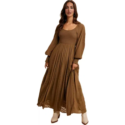 Knit & Lounge Knit And Lounge Long Sleeve Maxi Dress With Smocked Bodice And Lace Insets In Brown