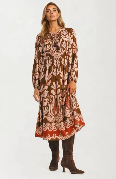 Knit & Lounge Knit And Lounge Long Sleeve Midi Dress With Tie Neck And Flowing Silhouette In Brown