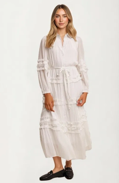 Knit & Lounge Knit And Lounge Long Sleeve Ruffle Tiered Maxi Shirt Dress In White