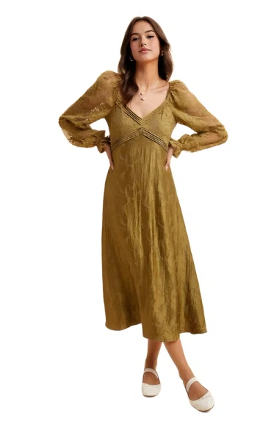 Knit & Lounge Knit And Lounge Long Sleeve Sheer Accent Midi Dress In Green