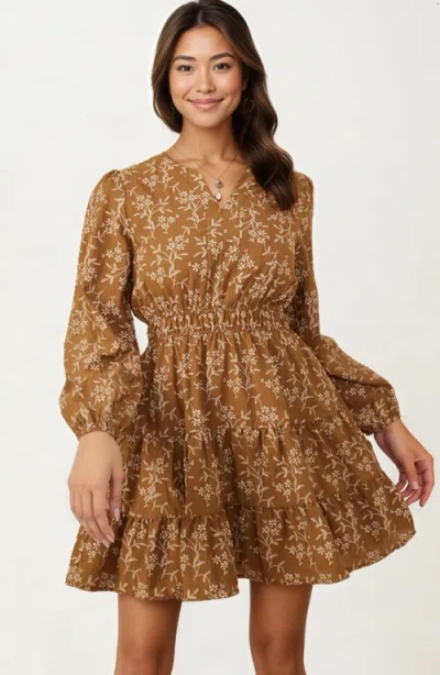Knit & Lounge Knit And Lounge Long Sleeve Smocked Tiered Mini Dress In Brown