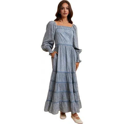 Knit & Lounge Knit And Lounge Long-sleeve Tiered Square Neck Maxi Dress In Blue