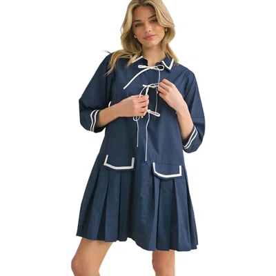Knit & Lounge Knit And Lounge Pleated Contrast Trim Front Tie Mini Dress In Blue