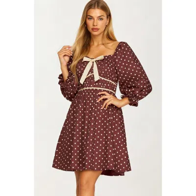 Knit & Lounge Knit And Lounge Polka Dot Puff Sleeve Bow Detail Mini Dress In Brown
