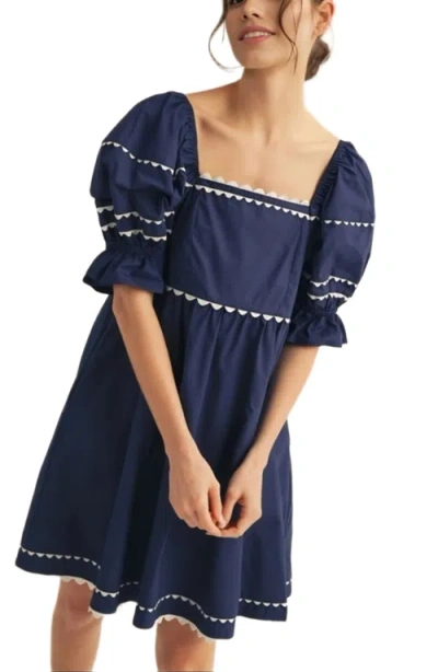 Knit & Lounge Knit And Lounge Puff-sleeve Contrast Trim Mini Dress In Blue