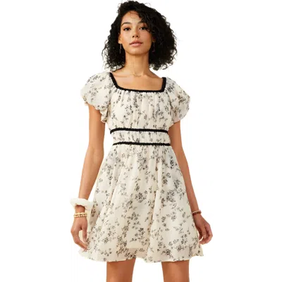 Knit & Lounge Knit And Lounge Puff Sleeve Floral Mini Dress With Trim Detail In Neutral