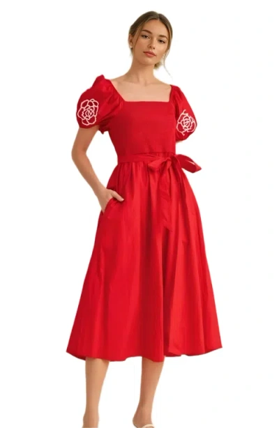 Knit & Lounge Knit And Lounge Puff Sleeve Smocked Bodice Midi Dress In Red