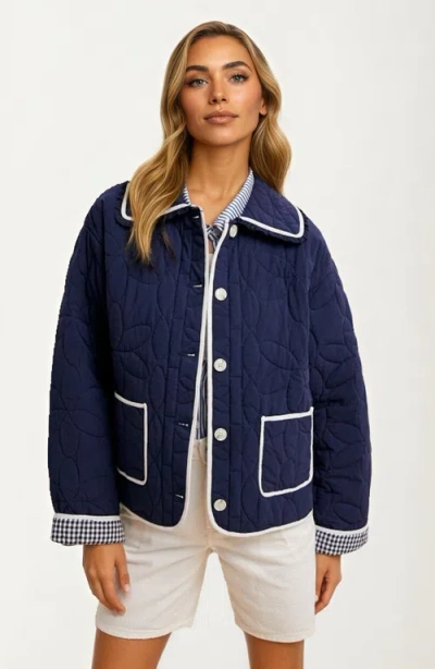 Knit & Lounge Knit And Lounge Quilted Button-up Jacket With Contrast Trim And Pockets In Blue