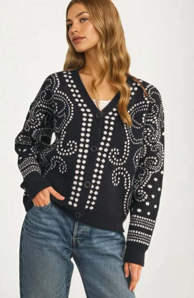 Knit & Lounge Knit And Lounge Relaxed Modern Fit Patterned Button Cardigan In Black
