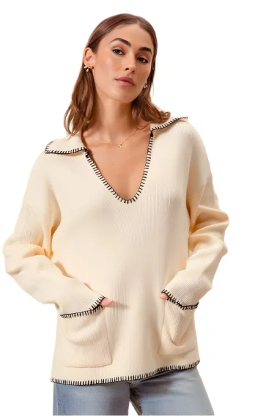 Knit & Lounge Knit And Lounge Ribbed Long Sleeve V-neck Pullover With Contrast Trim In Neutral