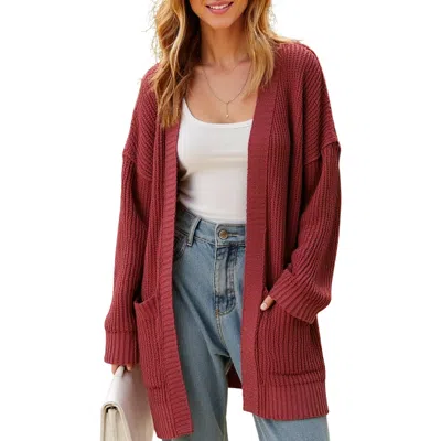 Knit & Lounge Knit And Lounge Ribbed Open-front Cardigan With Pockets And Relaxed Fit In Dark Red