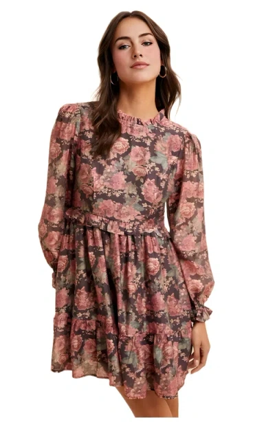 Knit & Lounge Knit And Lounge Romantic Floral Ruffle Mini Dress With Sheer Long Sleeves In Multi