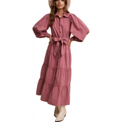 Knit & Lounge Knit And Lounge Rose Tiered Belted Button Down Maxi Shirt Dress In Pink