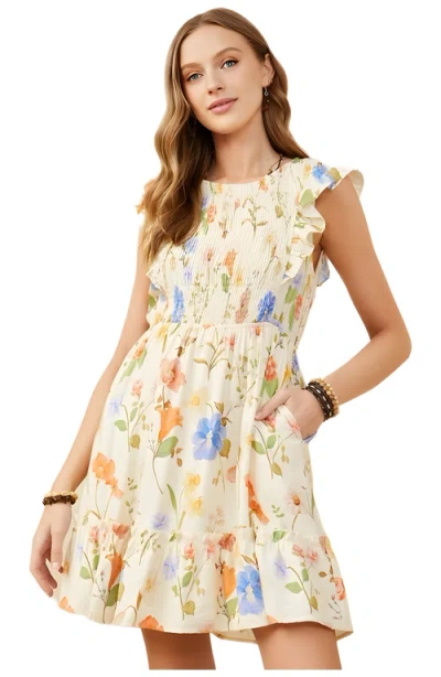 Knit & Lounge Knit And Lounge Ruffle Sleeve Smocked Floral Mini Dress In Multi