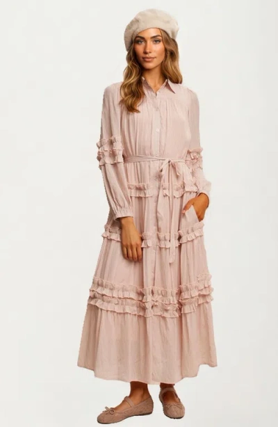 Knit & Lounge Knit And Lounge Ruffle Tiered Maxi Shirt Dress In Pink