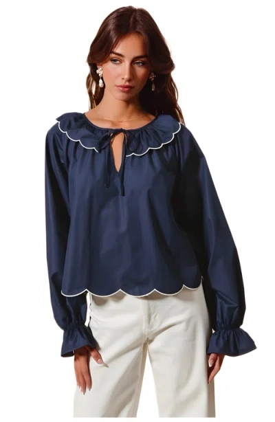 Knit & Lounge Knit And Lounge Scallop Trim Blouse With Ruffled Collar And Tie Neck In Blue
