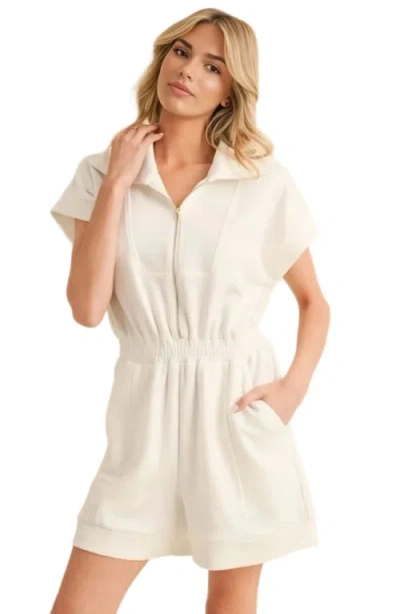 Knit & Lounge Knit And Lounge Short Sleeve Zip-front Romper With Elastic Waist And Pockets In White