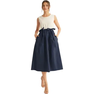 Knit & Lounge Knit And Lounge Sleeveless Contrast Midi Dress With Waist Bow Tie And Pockets In Blue