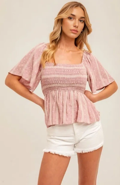 Knit & Lounge Knit And Lounge Smocked Bodice Peplum Blouse With Flutter Sleeves In Pink