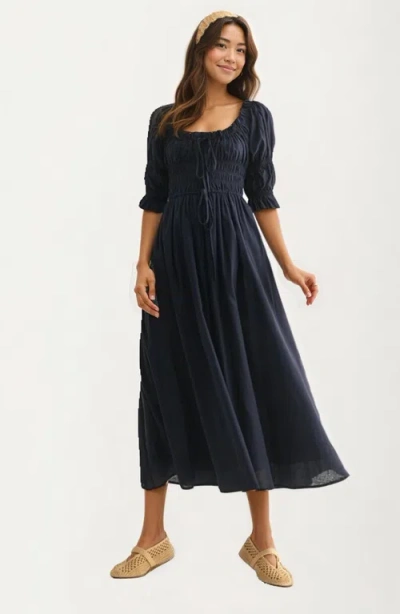 Knit & Lounge Knit And Lounge Smocked Bodice Puff Sleeve Maxi Dress In Blue