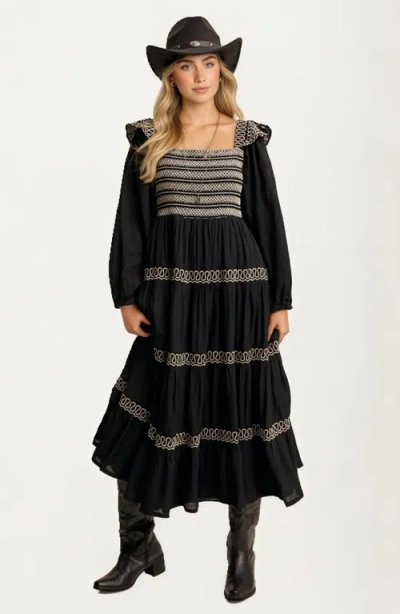 Knit & Lounge Knit And Lounge Smocked Bodice Tiered Maxi Dress With Embroidered Trim In Black