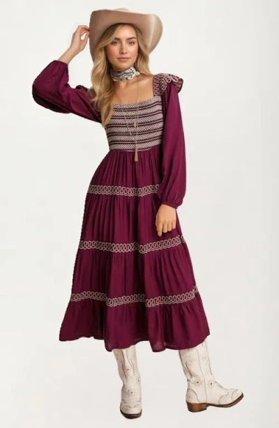 Knit & Lounge Knit And Lounge Smocked Bodice Tiered Maxi Dress With Embroidered Trim In Brown