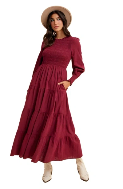 Knit & Lounge Knit And Lounge Smocked Bodice Tiered Maxi Dress With Long Sleeves In Red