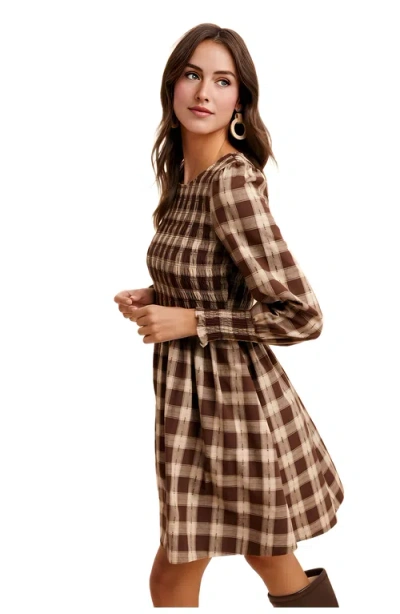 Knit & Lounge Knit And Lounge Smocked Plaid Long Sleeve Mini Dress In Multi