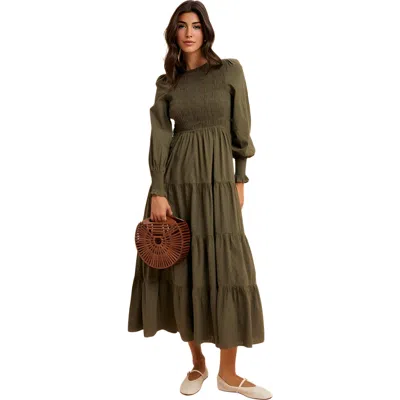 Knit & Lounge Knit And Lounge Smocked Tiered Long Sleeve Maxi Dress In Green