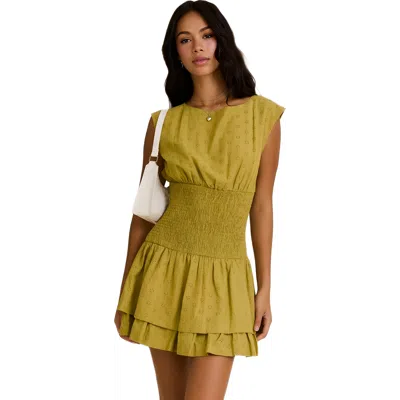 Knit & Lounge Knit And Lounge Smocked Waist Mini Dress With Ruffled Hem In Green