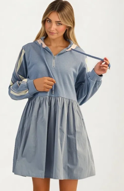 Knit & Lounge Knit And Lounge Sporty Hoodie Half Zip Contrast Stripe Mini Dress In Blue