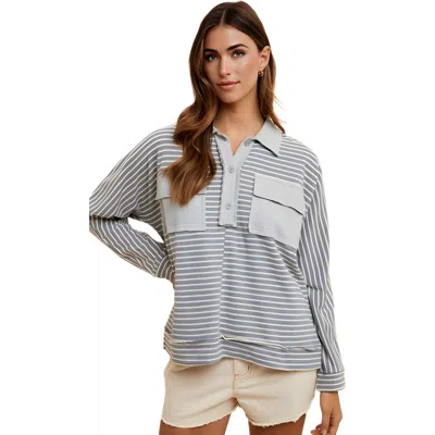 Knit & Lounge Knit And Lounge Striped Button Top With Patch Pockets And Contrast Yoke Panel In Gray