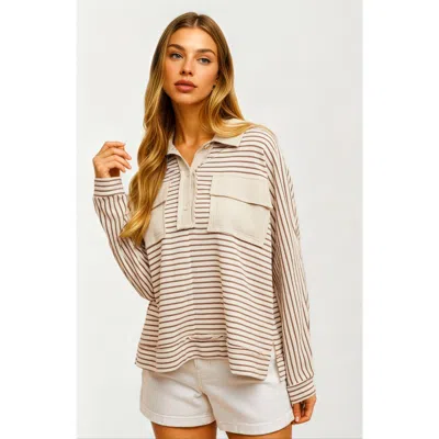 Knit & Lounge Knit And Lounge Striped Long Sleeve Waffle Knit Pullover Top In Brown