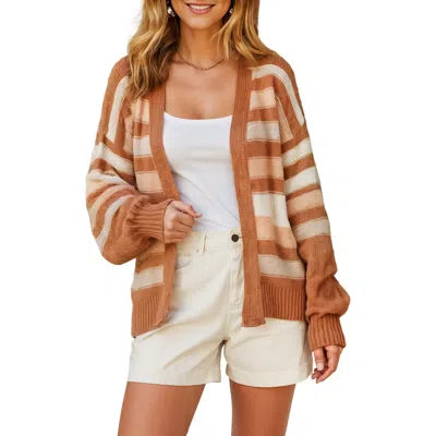 Knit & Lounge Knit And Lounge Striped Open-front Cardigan With Ribbed Cuffs And Relaxed Fit In Brown/ivory