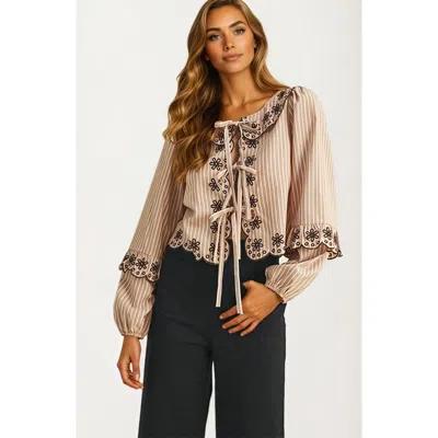 Knit & Lounge Knit And Lounge Striped Tie-front Blouse With Floral Embroidered Trim In Brown