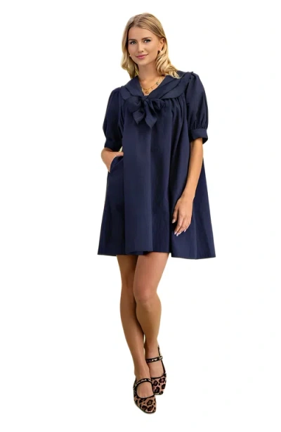 Knit & Lounge Knit And Lounge Swing Dress With Rolled Sleeves And Oversized Bow Detail In Blue