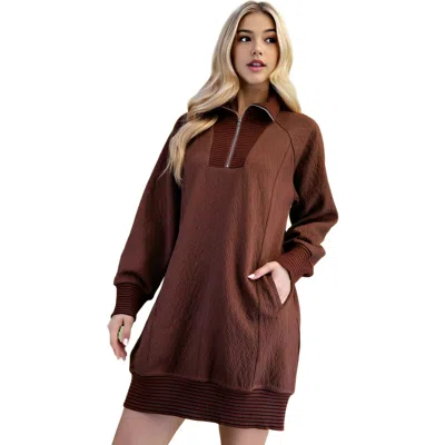 Knit & Lounge Knit And Lounge Textured Knit Half-zip Dress With Contrast Ribbed Trim In Brown
