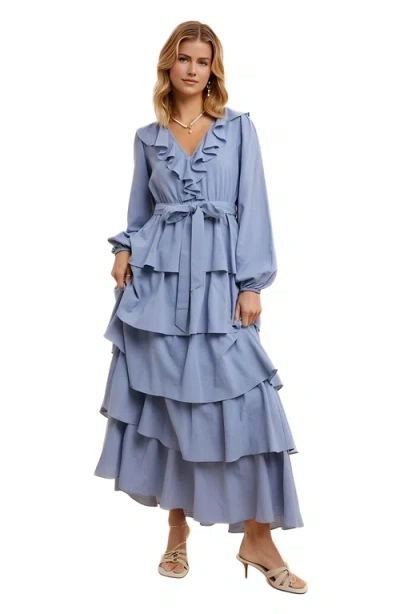 Knit & Lounge Knit And Lounge Tiered Ruffle Wrap Maxi Dress With Long Sleeves And Tie Waist In Blue