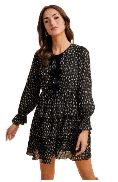 Knit & Lounge Knit And Lounge Velvet Bow Detail Tiered Mini Dress In Black
