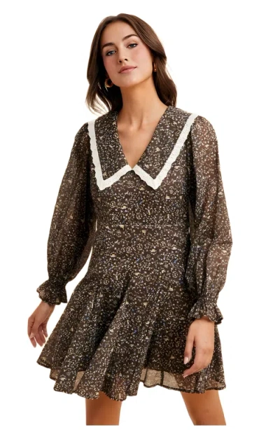 Knit & Lounge Knit And Lounge Vintage Floral Mini Dress With Lace Collar And Puff Sleeves In Brown