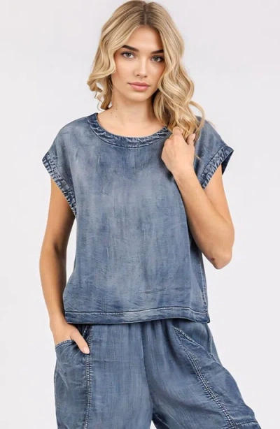 Knit & Lounge Knit And Lounge Washed Cap Sleeve Top With Back Button Detail In Blue