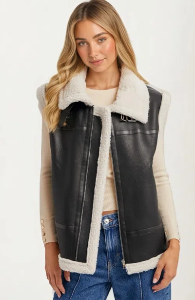 Knit & Lounge Knit And Lounge Zip-front Faux Leather Shearling Vest In Black