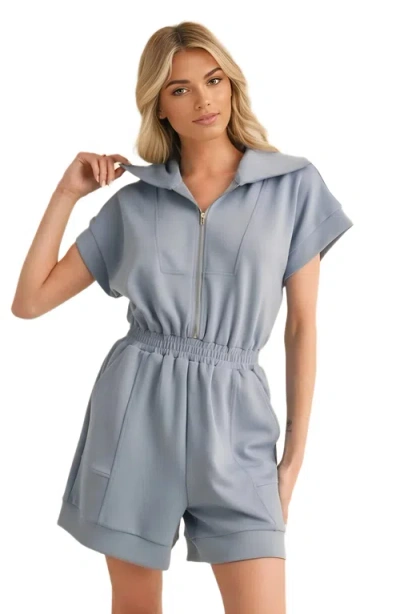 Knit & Lounge Knit And Lounge Zip-front Short-sleeve Romper In Blue