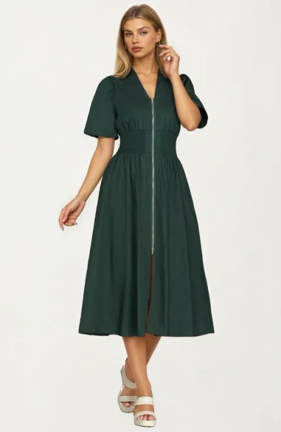 Knit & Lounge Knit And Lounge Zip-front Smocked Waist Short Sleeve Midi Dress In Green