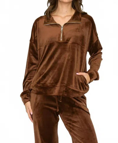 Knit Riot Velour Quarter-zip Pullover Sweatshirt In Chocolate In Brown